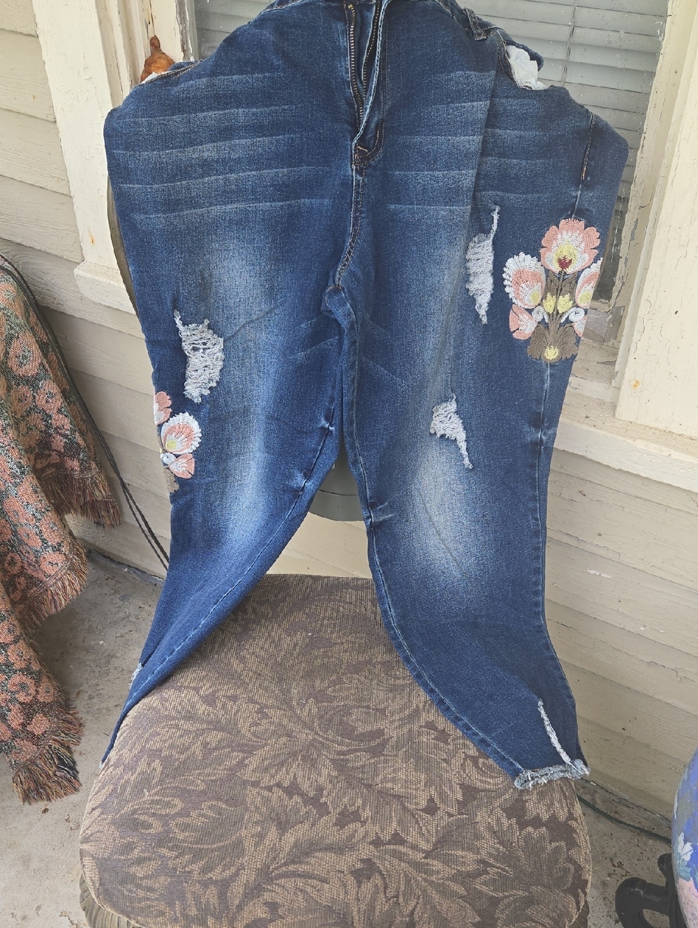 Loralette Dark Blue Boyfriend Jeans with Pink Floral Embroidery